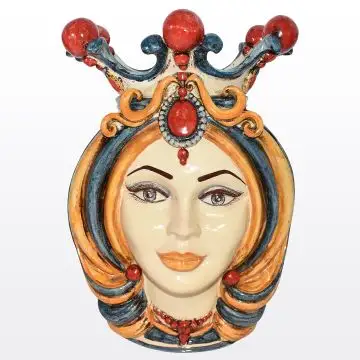 Sicilian Moorish head featuring a female character decorated in rich shades of blue, orange and red. It is handcrafted in Caltagirone, Italy.
