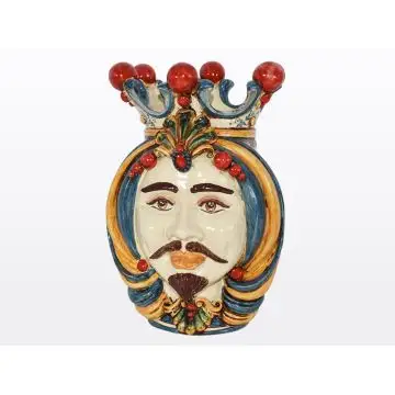 Sicilian Moorish head featuring a male character decorated in rich shades of blue, orange and red. It is handcrafted in Caltagirone, Italy.