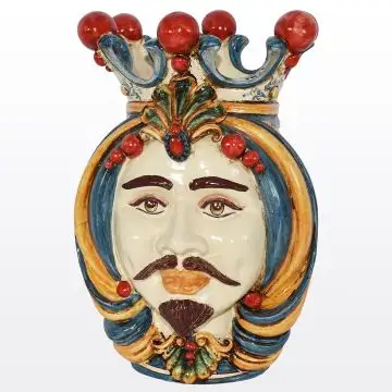 Sicilian Moorish head featuring a male character decorated in rich shades of blue, orange and red. It is handcrafted in Caltagirone, Italy.