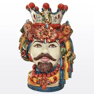 Regal Sicilian Moorish head featuring a male character, handcrafted in Caltagirone, Italy.
