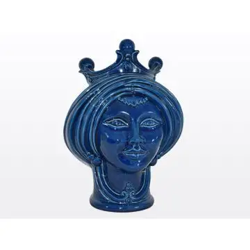 Blue Sicilian Moorish head with a crown featuring a female character. It is handcrafted in Caltagirone, Italy.