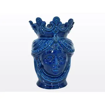 Classic blue Sicilian Moorish head featuring a female character. It is handcrafted in Caltagirone, Italy.