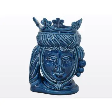 Blue Sicilian Moorish head featuring a female character. It is handcrafted in Caltagirone, Italy.
