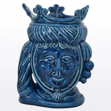 Blue Sicilian Moorish head featuring a female character. It is handcrafted in Caltagirone, Italy.