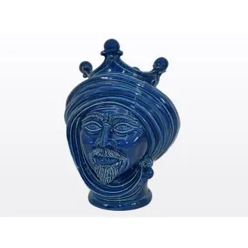 Blue Sicilian Moorish head with a crown featuring a male character. It is handcrafted in Caltagirone, Italy.