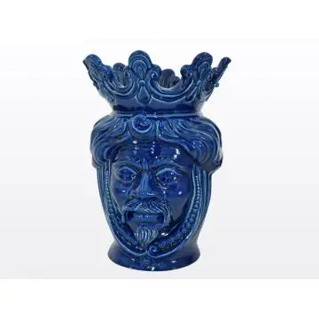 Classic blue Sicilian Moorish head featuring a male character. It is handcrafted in Caltagirone, Italy.