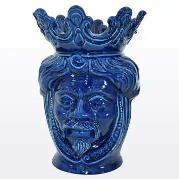 Classic blue Sicilian Moorish head featuring a male character. It is handcrafted in Caltagirone, Italy.
