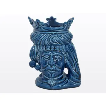 Blue Sicilian Moorish head featuring a male character. It is handcrafted in Caltagirone, Italy.