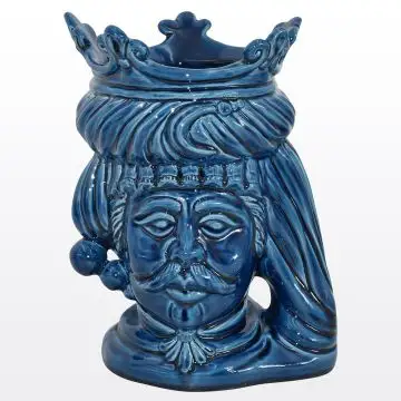 Blue Sicilian Moorish head featuring a male character. It is handcrafted in Caltagirone, Italy.