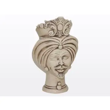 Sicilian Moorish head with a crown featuring a male character decorated in shades of antique ivory. It is handcrafted in Caltagirone, Italy.