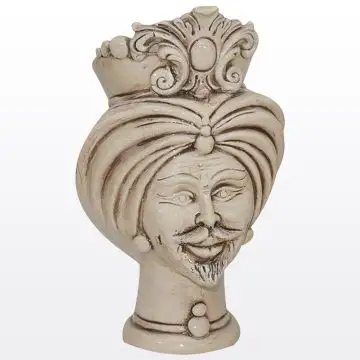 Sicilian Moorish head featuring a male character decorated in shades of antique ivory. It is handcrafted in Caltagirone, Italy.