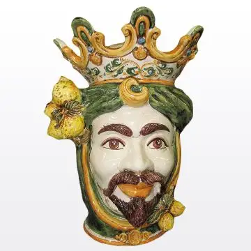 Sicilian Moorish head with lemons. It features a male character decorated in rich shades of green and orange. It is handcrafted in Caltagirone, Italy. Large