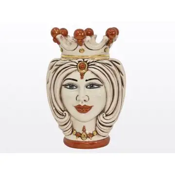 Ivory, red & gold Sicilian Moorish head featuring a female character. It is handcrafted in Caltagirone, Italy.