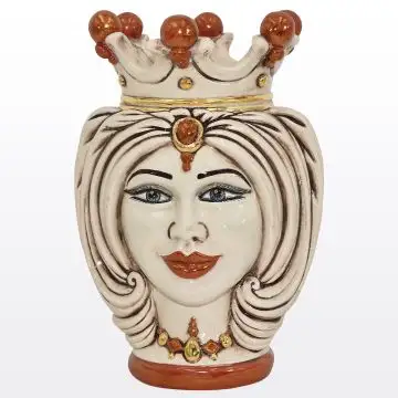 Ivory, red & gold Sicilian Moorish head featuring a female character. It is handcrafted in Caltagirone, Italy.