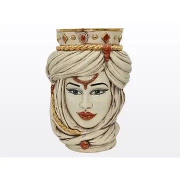 Ivory & gold Sicilian Moorish head featuring a female character. It is handcrafted in Caltagirone, Italy.
