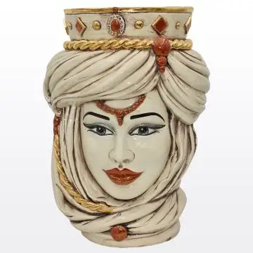 Ivory & gold Sicilian Moorish head featuring a female character. It is handcrafted in Caltagirone, Italy.