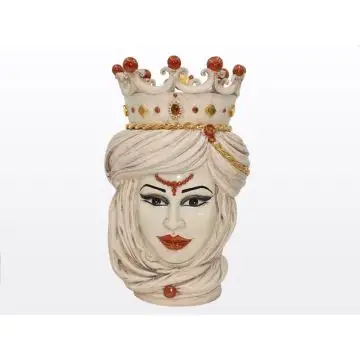 Ivory & gold Sicilian Moorish head with a crown featuring a female character. It is handcrafted in Caltagirone, Italy.