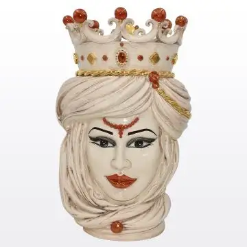 Ivory & gold Sicilian Moorish head with a crown featuring a female character. It is handcrafted in Caltagirone, Italy.
