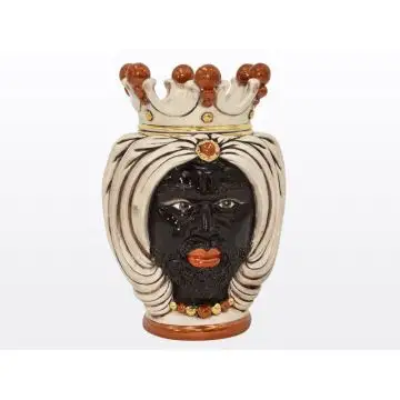 Ivory, red & gold Sicilian Moorish head featuring a Moorish character. It is handcrafted in Caltagirone, Italy.