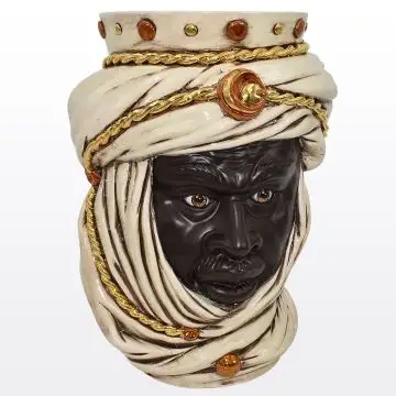 Ivory & gold Sicilian head featuring a Moorish character. It is handcrafted in Caltagirone, Italy.