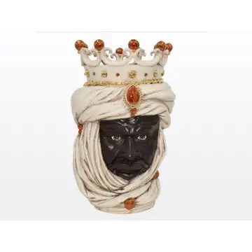 Ivory & gold Sicilian head with a crown featuring a Moorish character. It is handcrafted in Caltagirone, Italy.