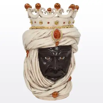 Ivory & gold Sicilian head with a crown featuring a Moorish character. It is handcrafted in Caltagirone, Italy.