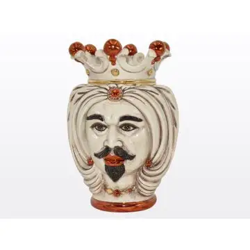 Ivory, red & gold Sicilian Moorish head featuring a male character. It is handcrafted in Caltagirone, Italy.