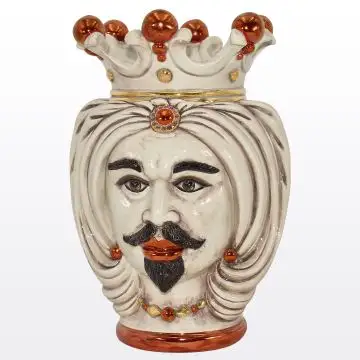 Ivory, red & gold Sicilian Moorish head featuring a male character. It is handcrafted in Caltagirone, Italy.