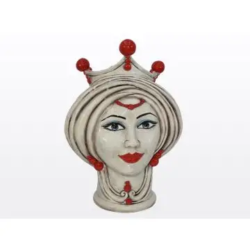 Ivory & red Sicilian Moorish head featuring a female character. It is handcrafted in Caltagirone, Italy.