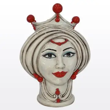 Ivory & red Sicilian Moorish head featuring a female character. It is handcrafted in Caltagirone, Italy.