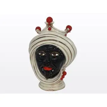 Ivory & red Sicilian Moorish head featuring a Moorish character. It is handcrafted in Caltagirone, Italy.