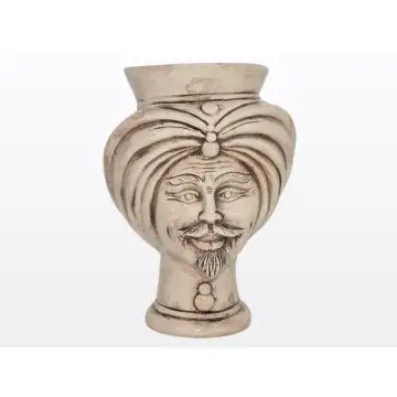 Sicilian Moorish head featuring a male character decorated in shades of antique ivory. It is handcrafted in Caltagirone, Italy.