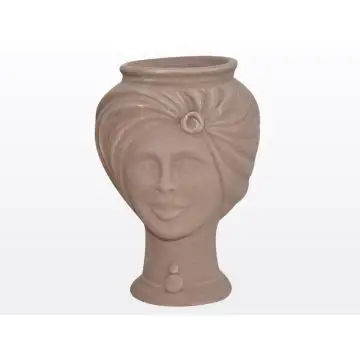 Matt tortora Sicilian Moorish head featuring a female character. It is handcrafted in Caltagirone, Italy.