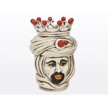 Sicilian Moorish head featuring a male character decorated in shades of antique ivory and red. It is handcrafted in Caltagirone, Italy.