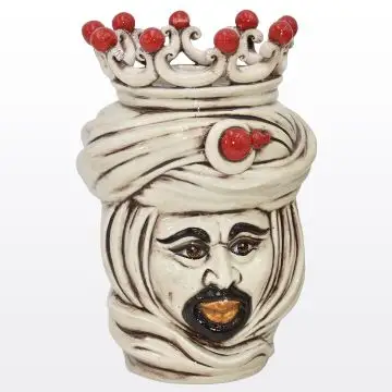 Sicilian Moorish head featuring a male character decorated in shades of antique ivory and red. It is handcrafted in Caltagirone, Italy.