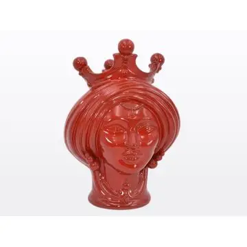 Red Sicilian Moorish head featuring a female character. It is handcrafted in Caltagirone, Italy.