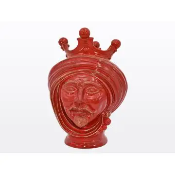 Red Sicilian Moorish head featuring a male character. It is handcrafted in Caltagirone, Italy.