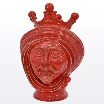 Red Sicilian Moorish head featuring a male character. It is handcrafted in Caltagirone, Italy.