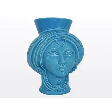 Azure Sicilian Moorish head featuring a female character. It is handcrafted in Caltagirone, Italy.