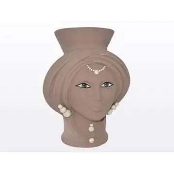 Matt tortora & pearl Sicilian Moorish head featuring a female character. It is handcrafted in Caltagirone, Italy.