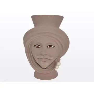 Matt tortora & pearl Sicilian Moorish head featuring a male character. It is handcrafted in Caltagirone, Italy.