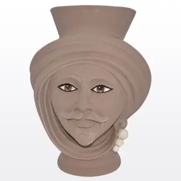 Matt tortora & pearl Sicilian Moorish head featuring a male character. It is handcrafted in Caltagirone, Italy.