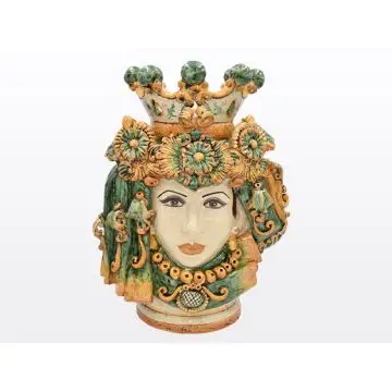 Regal Sicilian Moorish head featuring a female character decorated in rich shades of green and orange. It is handcrafted in Caltagirone, Italy.