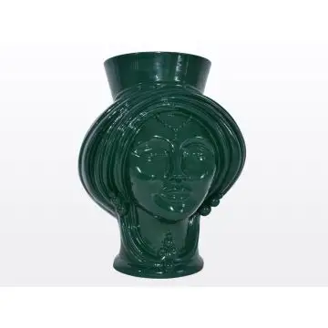 Dark green Sicilian Moorish head featuring a female character. It is handcrafted in Caltagirone, Italy.