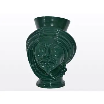 Dark green Sicilian Moorish head featuring a male character. It is handcrafted in Caltagirone, Italy.
