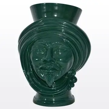 Dark green Sicilian Moorish head featuring a male character. It is handcrafted in Caltagirone, Italy.