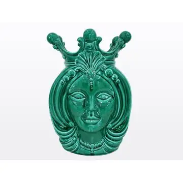 Green Sicilian Moorish head featuring a female character. It is handcrafted in Caltagirone, Italy.