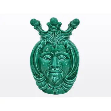 Green Sicilian Moorish head featuring a male character. It is handcrafted in Caltagirone, Italy.