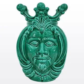 Green Sicilian Moorish head featuring a male character. It is handcrafted in Caltagirone, Italy.