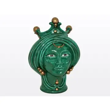 Green & gold Sicilian Moorish head featuring a female character. It is handcrafted in Caltagirone, Italy.